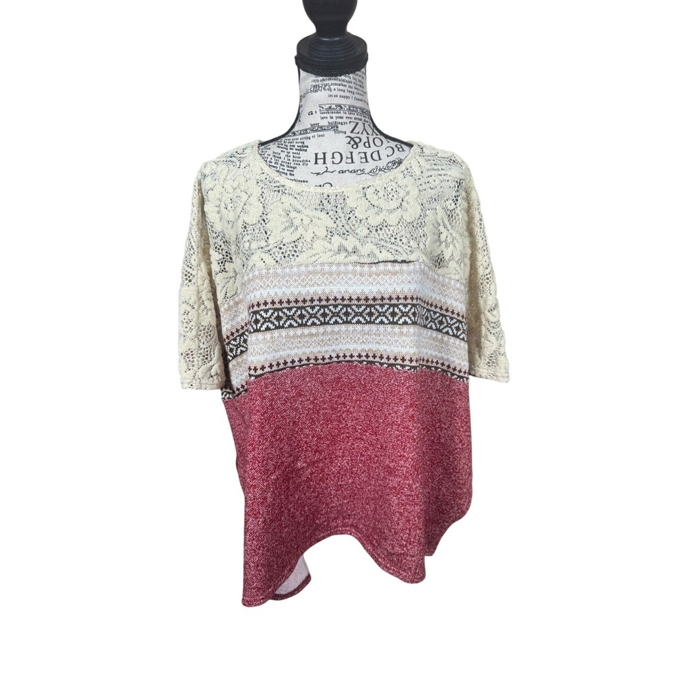Altar'd State Cream & Red Lace Knit Colorblock Tunic